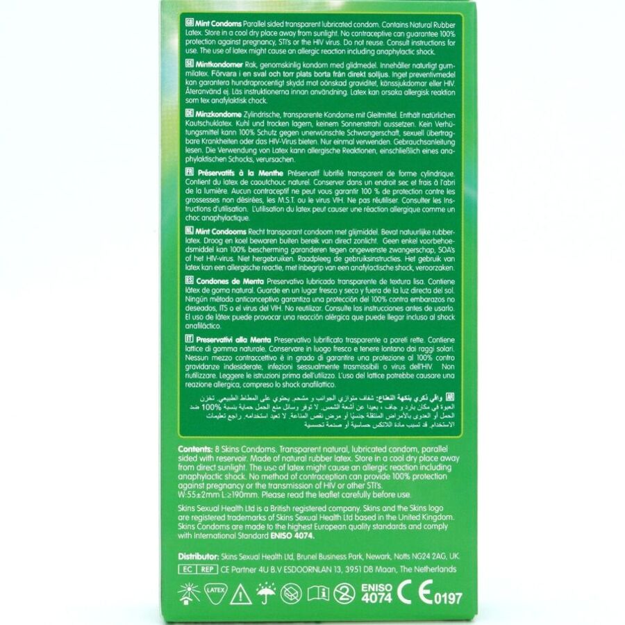 SKINS - PRESERVATIVOS PREMIUM SABOR MENTA PACK 8