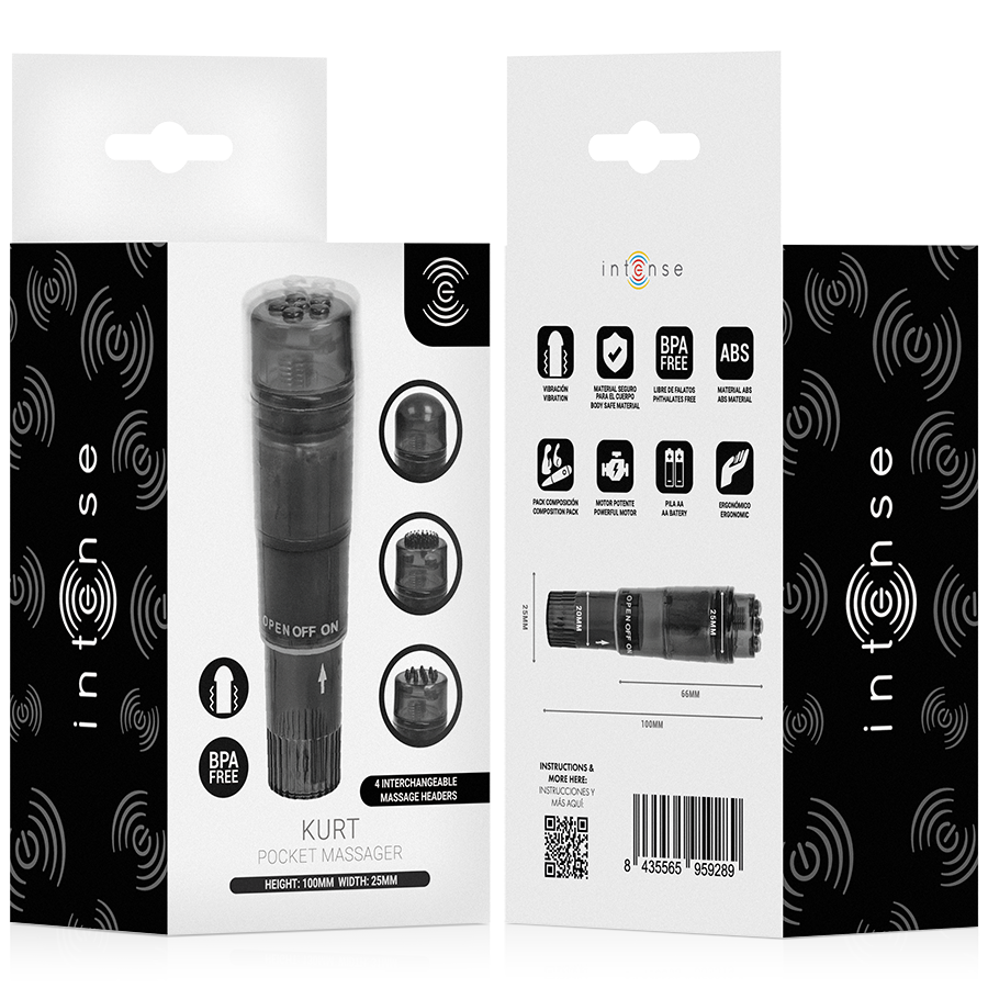INTENSE - KURT MINI MASAJEADOR CON 4 CABEZALES INTERCAMBIABLES NEGRO