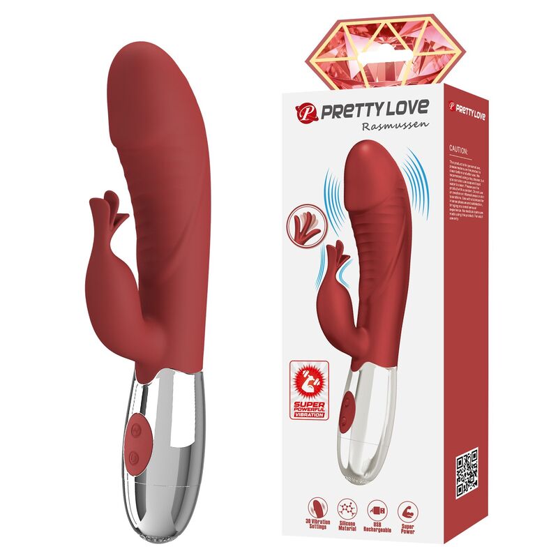 PRETTY LOVE - VIBRADOR RABBIT ROSEWOOD 30 FUNCIONES RECARGABLE USB ROJO