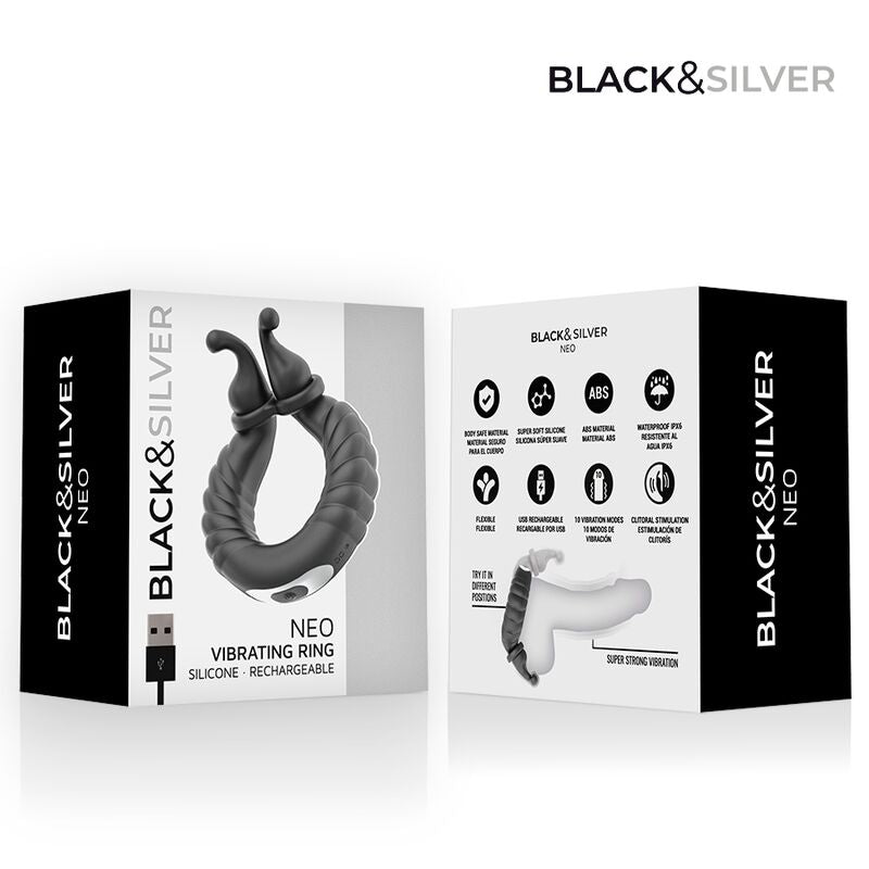 BLACK & SILVER - NEO ANILLO VIBRADOR RECARGABLE PARA PAREJAS NEGRO