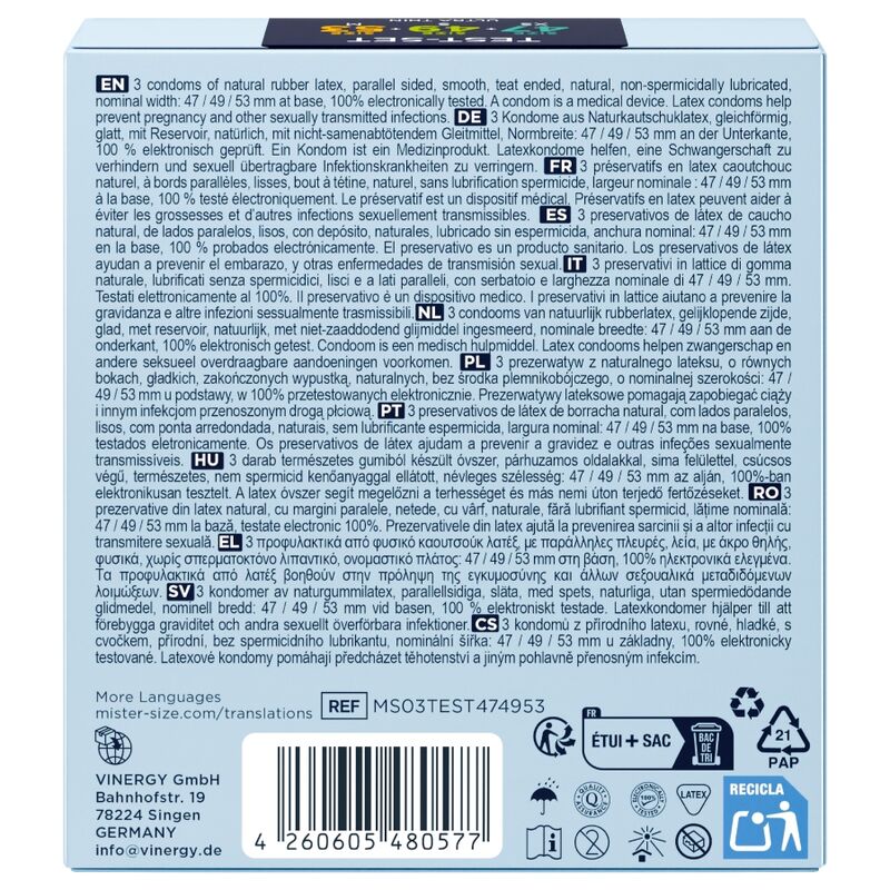 MISTER SIZE - PACK MUESTRA PRESERVATIVOS TALLA 47-49-53 MM (3 UNIDADES)