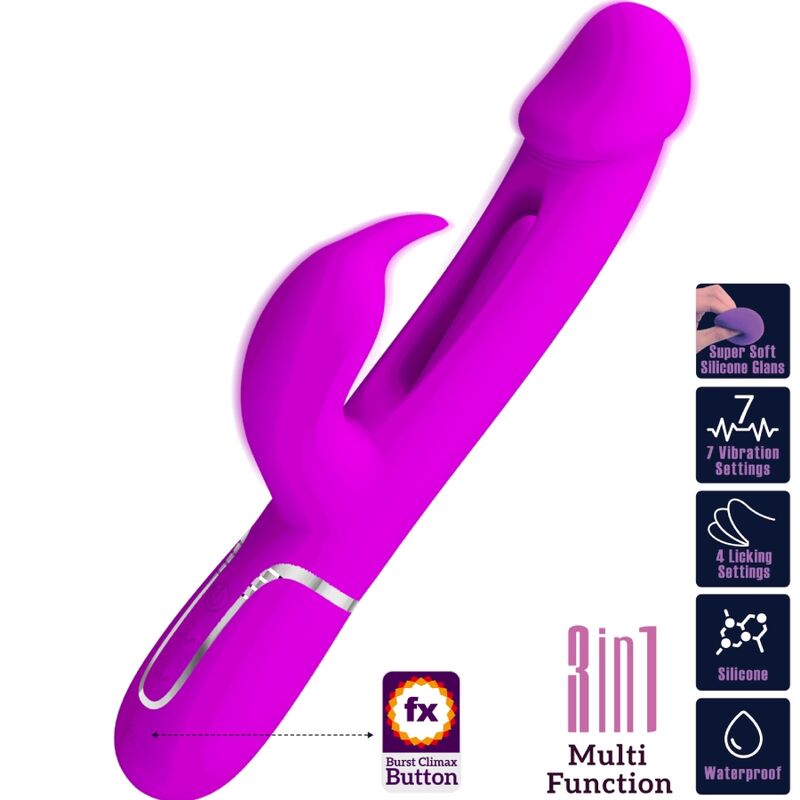 PRETTY LOVE - KAMPAS VIBRADOR RABBIT 3 EN 1 MULTIFUNCIÓN CON LENGUA FUCSIA