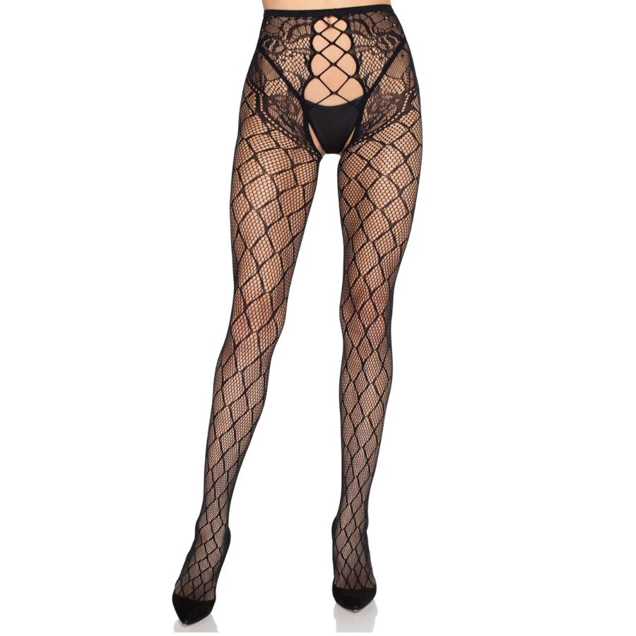 LEG AVENUE - 1966 MEDIAS DE RED CON PANTY SIN ENTREPIERNA NEGRO - TALLA ÚNICA