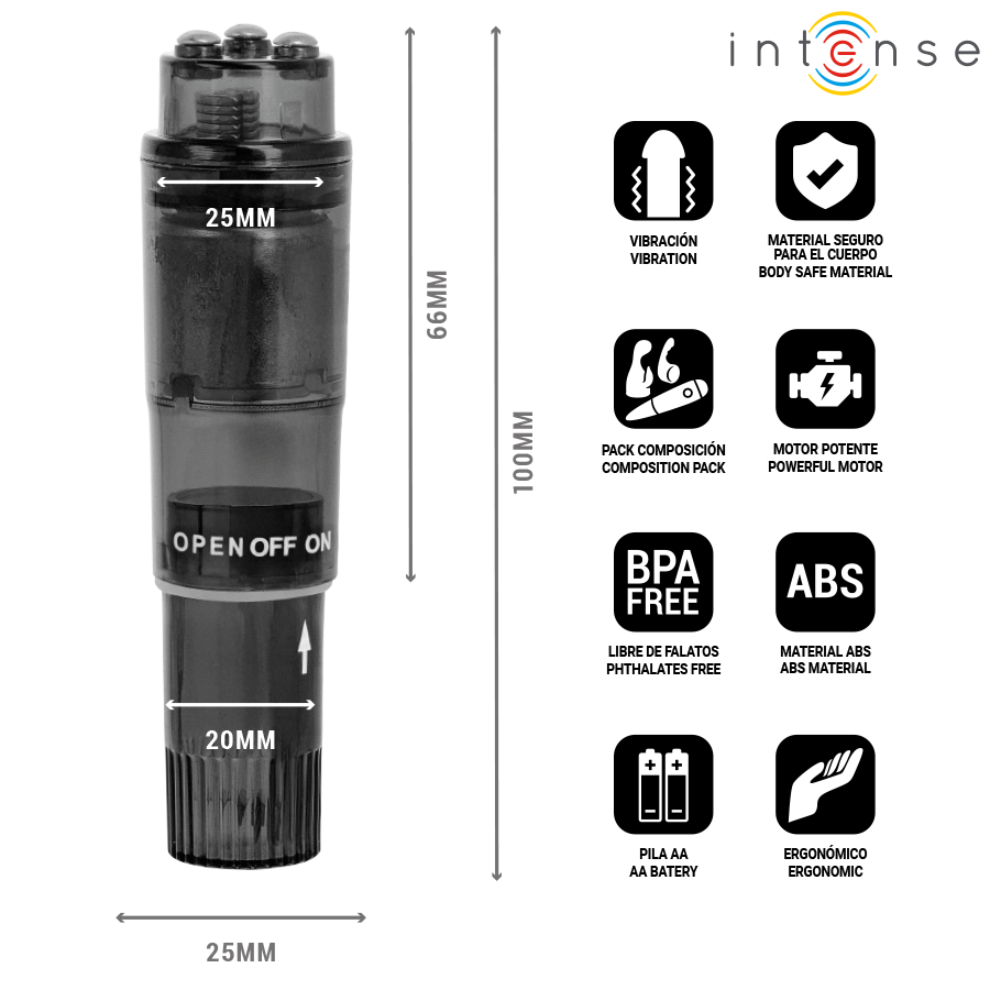 INTENSE - KURT MINI MASAJEADOR CON 4 CABEZALES INTERCAMBIABLES NEGRO