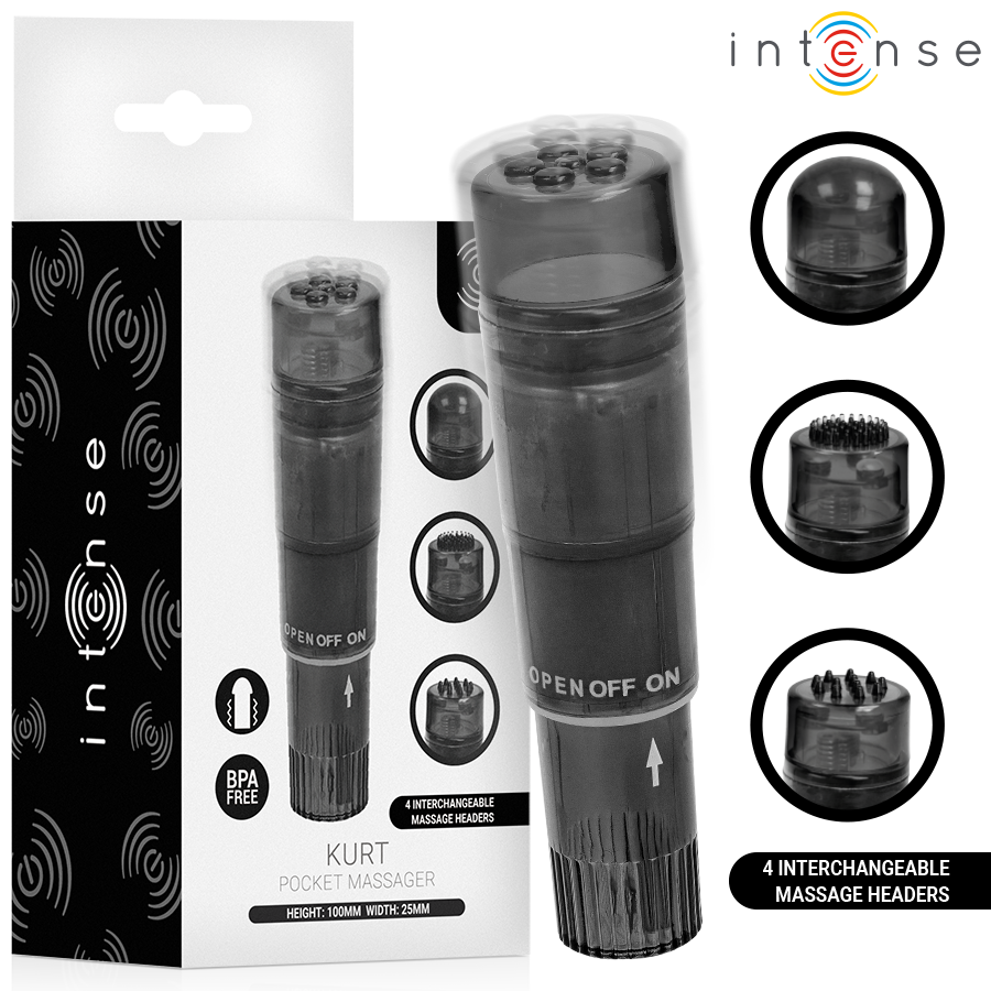 INTENSE - KURT MINI MASAJEADOR CON 4 CABEZALES INTERCAMBIABLES NEGRO