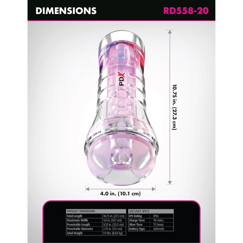 PDX ELITE - MASTURBADOR TRANSPARENTE VIEWTUBE XXL LED STROKER 27.3 CM