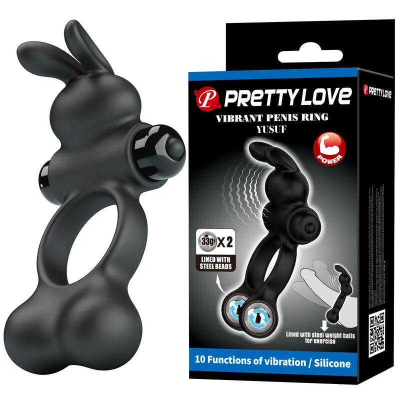 PRETTY LOVE - ANILLO VIBRADOR PARA PENE CON ESTIMULADOR DE CONEJITO 10 FUNCIONES NEGRO