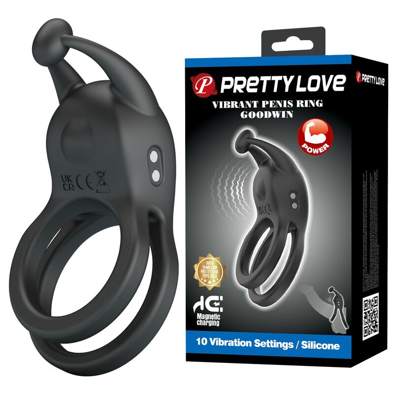 PRETTY LOVE - GOODWIN ANILLO VIBRADOR DOBLE PARA PENE RECARGABLE NEGRO