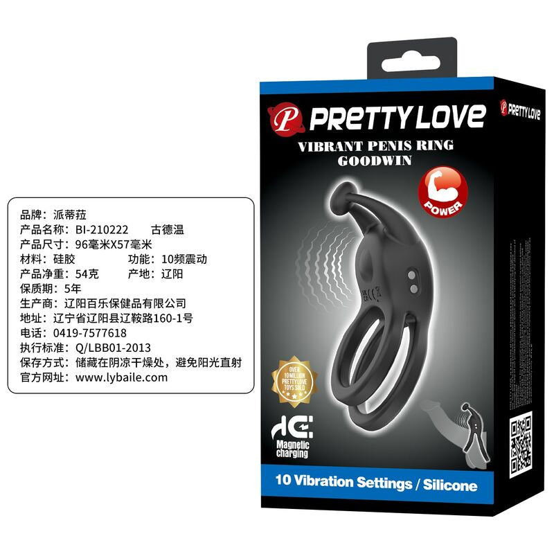 PRETTY LOVE - GOODWIN ANILLO VIBRADOR DOBLE PARA PENE RECARGABLE NEGRO