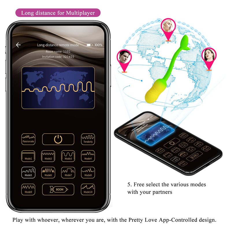 PRETTY LOVE - HUEVO VIBRADOR PULSEN CONTROL APP 12 FUNCIONES RECARGABLE USB VERDE-AMARILLO