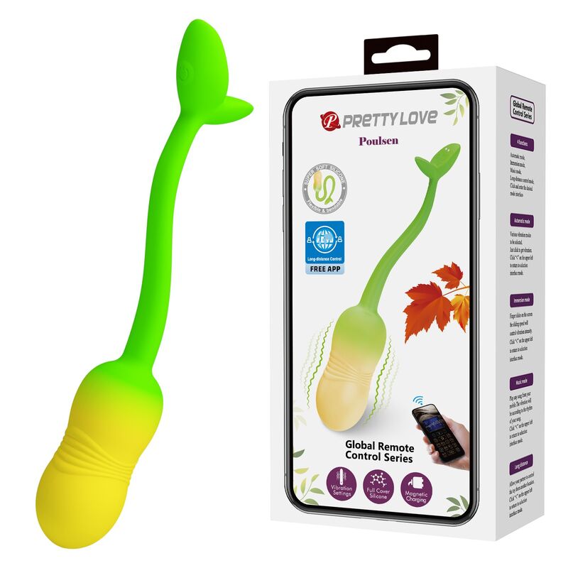 PRETTY LOVE - HUEVO VIBRADOR PULSEN CONTROL APP 12 FUNCIONES RECARGABLE USB VERDE-AMARILLO