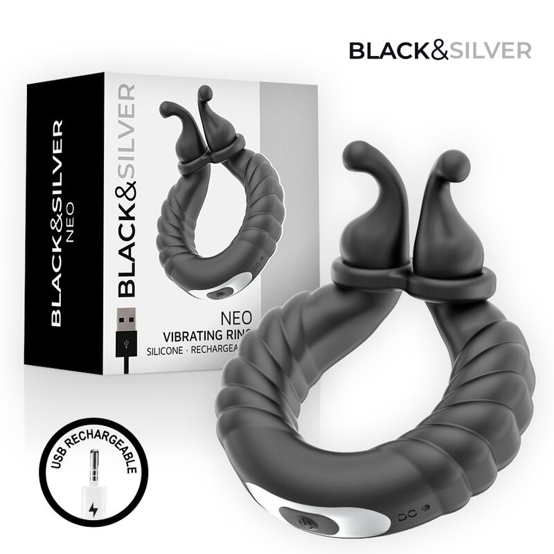 BLACK & SILVER - NEO ANILLO VIBRADOR RECARGABLE PARA PAREJAS NEGRO