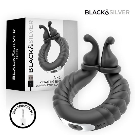 BLACK & SILVER - NEO ANILLO VIBRADOR RECARGABLE PARA PAREJAS NEGRO
