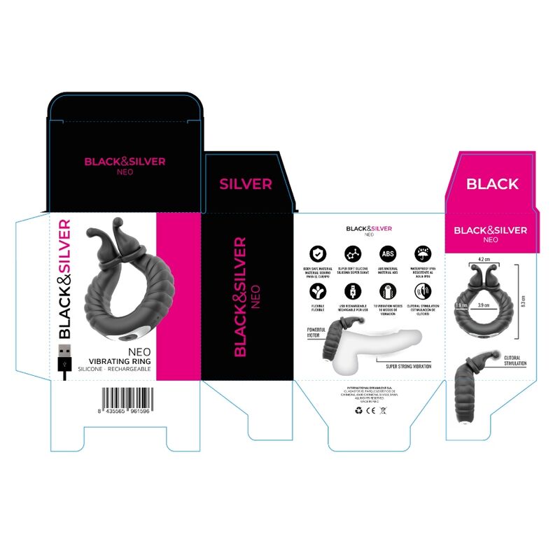 BLACK & SILVER - NEO ANILLO VIBRADOR RECARGABLE PARA PAREJAS NEGRO