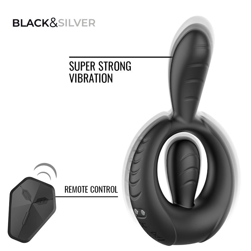 BLACK & SILVER - DECKARD ANILLO VIBRADOR RECARGABLE CON CONTROL REMOTO NEGRO