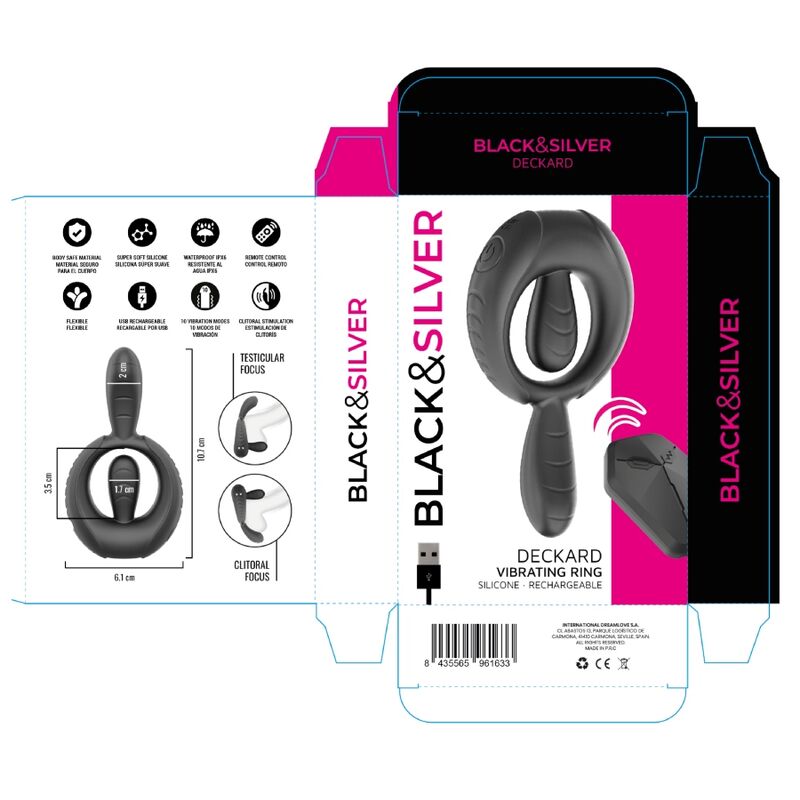 BLACK & SILVER - DECKARD ANILLO VIBRADOR RECARGABLE CON CONTROL REMOTO NEGRO