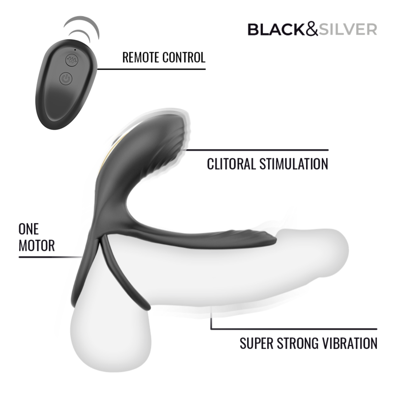 BLACK & SILVER - RIPLEY ANILLO VIBRADOR RECARGABLE CON CONTROL REMOTO NEGRO