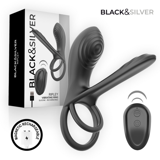 BLACK & SILVER - RIPLEY ANILLO VIBRADOR RECARGABLE CON CONTROL REMOTO NEGRO