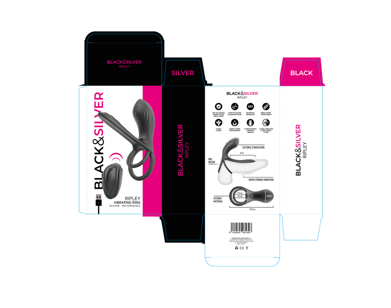 BLACK & SILVER - RIPLEY ANILLO VIBRADOR RECARGABLE CON CONTROL REMOTO NEGRO