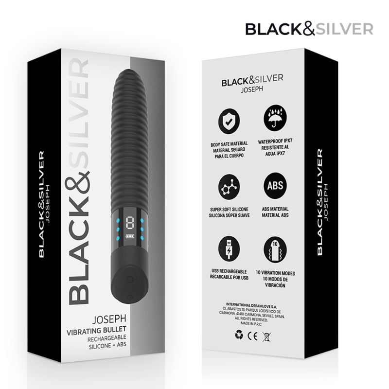 BLACK & SILVER - JOSEPH VIBRADOR RECARGABLE USB CON PANTALLA LED NEGRO