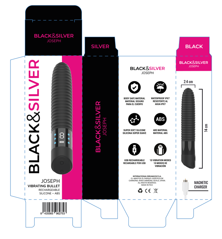 BLACK & SILVER - JOSEPH VIBRADOR RECARGABLE USB CON PANTALLA LED NEGRO