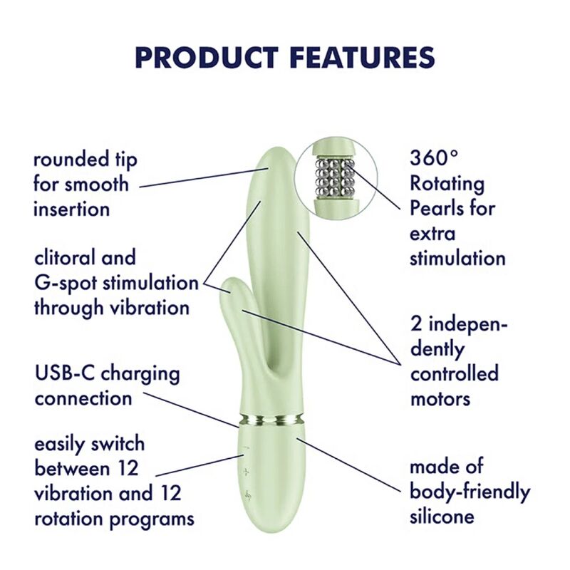 SATISFYER - PEARL BUNNY 2 VIBRADOR RABBIT CON PERLAS GIRATORIAS VERDE CLARO