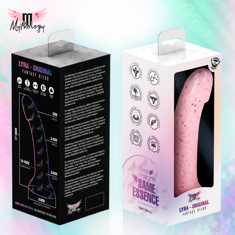 MYTHOLOGY - LYRA 9 DILDO DE SILICONA 17 CM Ø 3,6 CM TRANSPARENTE ROSADO MOTEADO ROJO