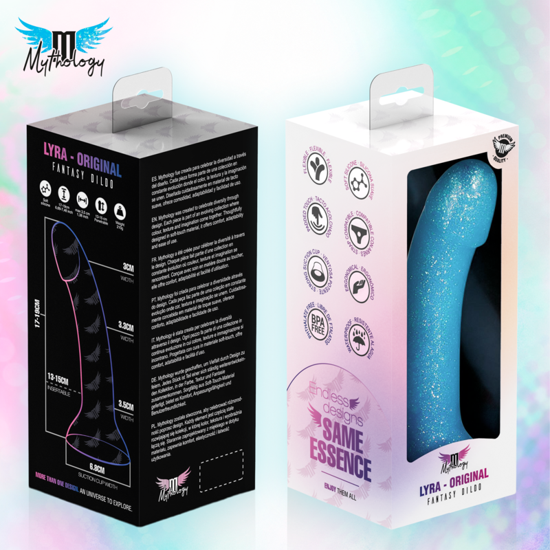 MYTHOLOGY - LYRA 8 DILDO DE SILICONA 17 CM Ø 3,6 CM CELESTE MOTEADO PLATINO