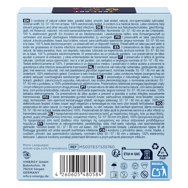 MISTER SIZE - PACK MUESTRA PRESERVATIVOS TALLA 53-57-60 MM (3 UNIDADES)