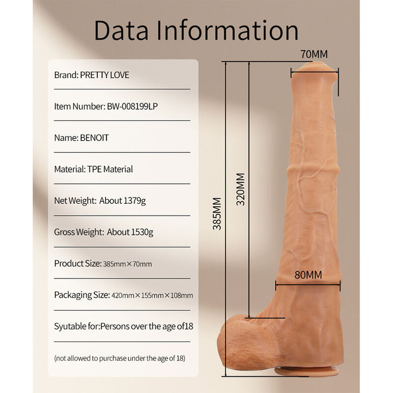 PRETTY LOVE - BENOIT DILDO REALISTA TACTO SUAVE CON PIEL DESLIZANTE 38,5 CM NATURAL