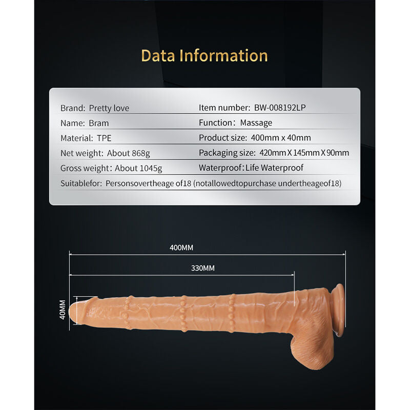 PRETTY LOVE - BRAM DILDO REALISTA TACTO SUAVE CON PIEL DESLIZANTE 40 CM NATURAL