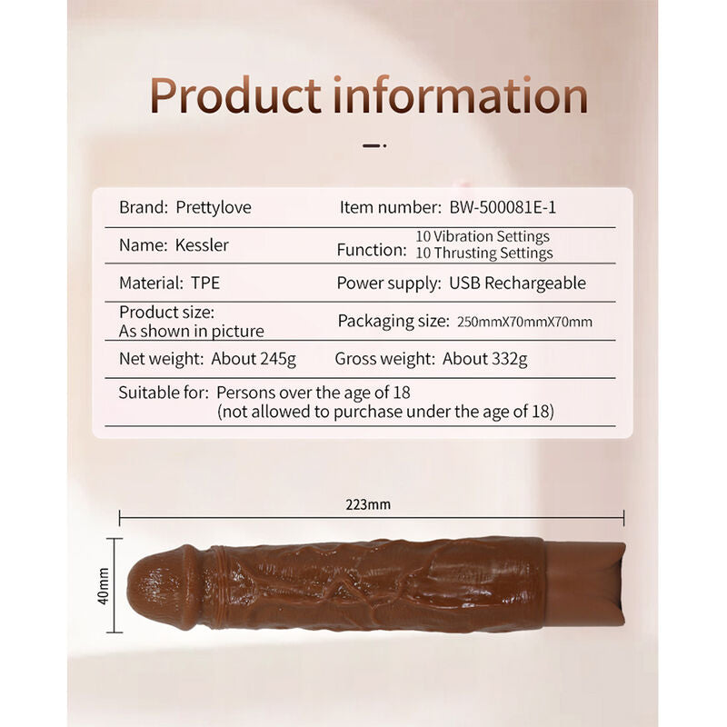 PRETTY LOVE - KESSLER DILDO VIBRADOR REALISTA 10 MODOS DE VIBRACIÓN Y 10 DE EMPUJE 22 CM MARRÓN