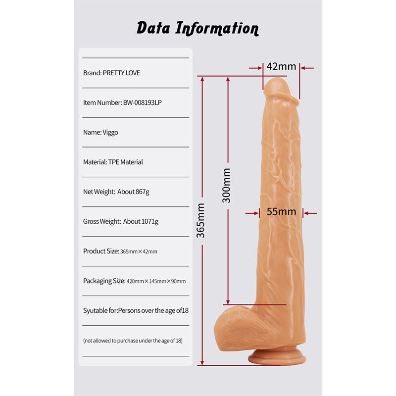 PRETTY LOVE - VIGGO DILDO REALISTA TACTO SUAVE CON PIEL DESLIZANTE 36,5 CM NATURAL