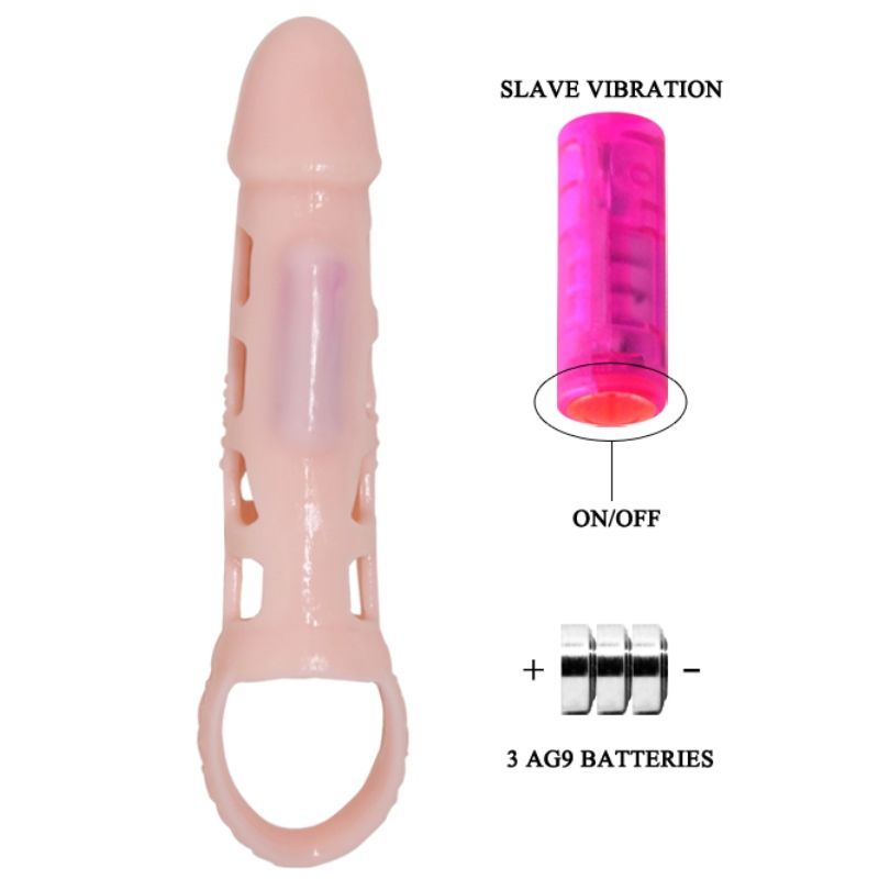 BAILE - FUNDA EXTENSORA PENE CON VIBRACION Y STRAP NATURAL 13.5 CM